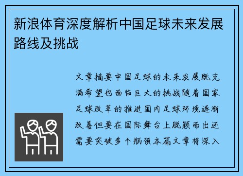 新浪体育深度解析中国足球未来发展路线及挑战 新浪体育深度解析中国足球未来发展路线及挑战