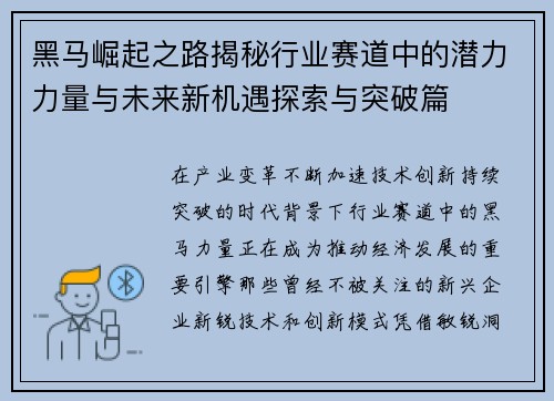 黑马崛起之路揭秘行业赛道中的潜力力量与未来新机遇探索与突破篇